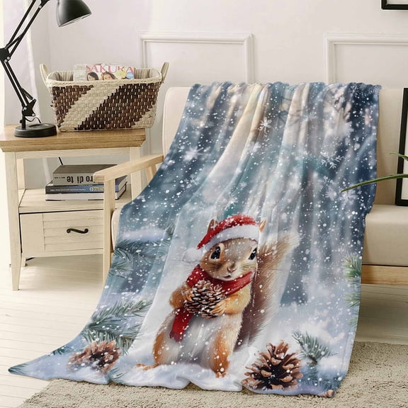 Flannel Fleece Throw Blankets Winter Squirrels Pine Trees Throws Blankets, Christmas Snow Scene Forest Lightweight Soft Warm Blanket for Couch Sofa Bed Living Room All Season Use, 50x60in