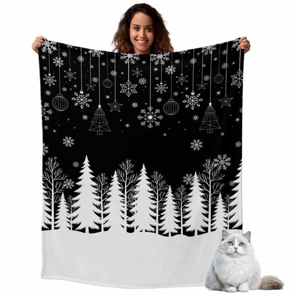 Flannel Fleece Throw Blankets Winter White Christmas Trees Throws Blankets, Winter Snowflakes on Black Lightweight Soft Warm Blanket for Couch Sofa Bed Living Room All Season Use, 30x40in