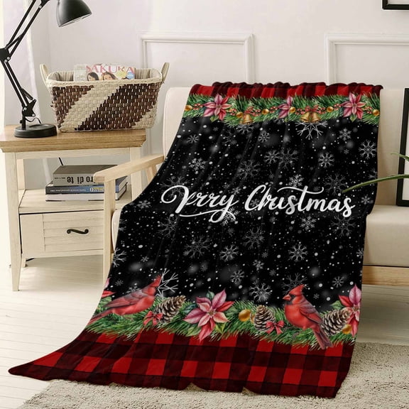 Flannel Fleece Throw Blankets Xmas Cardinal Pine Branches Bell Throws Blankets, Snowflake Retro Buffalo Check Lightweight Soft Warm Blanket for Couch Sofa Bed Living Room All Season Use, 50x60in