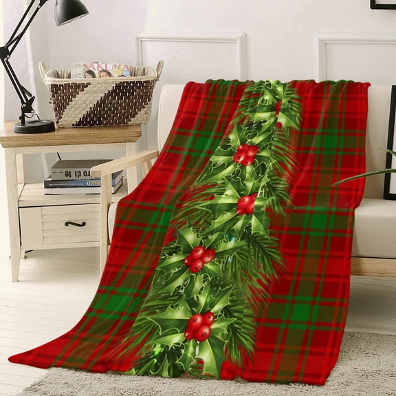 Flannel Fleece Throw Blankets Xmas Poinsettia Pine Needles Throws Blankets, Red Green Plaid Tartan Lightweight Soft Warm Blanket for Couch Sofa Bed Living Room All Season Use, 50x60in