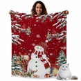 thumbnail image 1 of Flannel Fleece Throw Blankets Xmas Snowman Berry Bird on Red Throws Blankets, Pine Tree Snow Reindeer Lightweight Soft Warm Blanket for Couch Sofa Bed Living Room All Season Use, 40x50in, 1 of 9