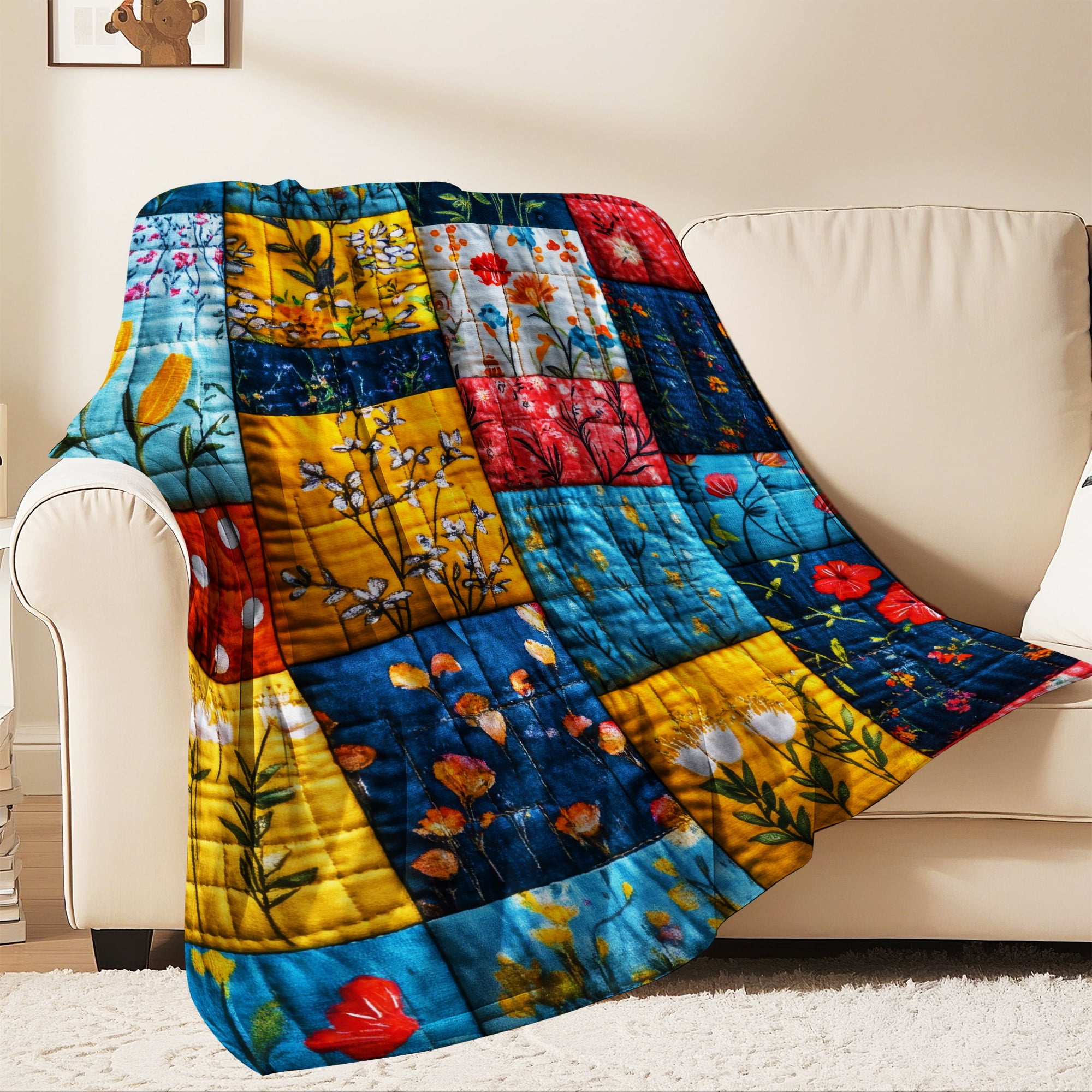 Flannel Fleece Twin Blanket, Soft Large Twin Blanket, Lightweight Cozy Plush Twin Blanket Fit Sofa Bed, 60"x80", Patchwork Floral Pattern
