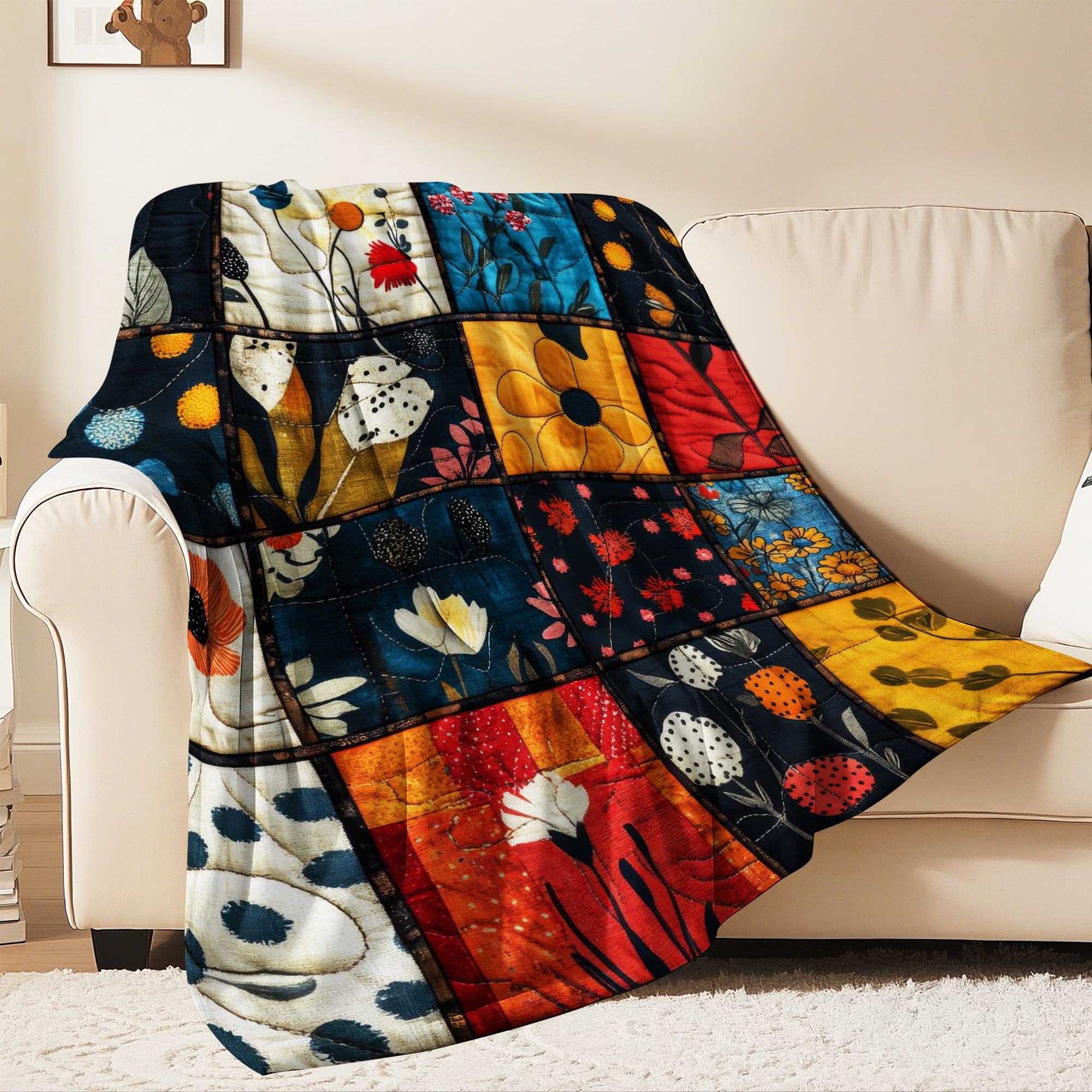 Flannel Fleece Twin Blanket, Soft Large Twin Blanket, Lightweight Cozy Plush Twin Blanket Fit Sofa Bed, 60"x80", Patchwork Floral Pattern