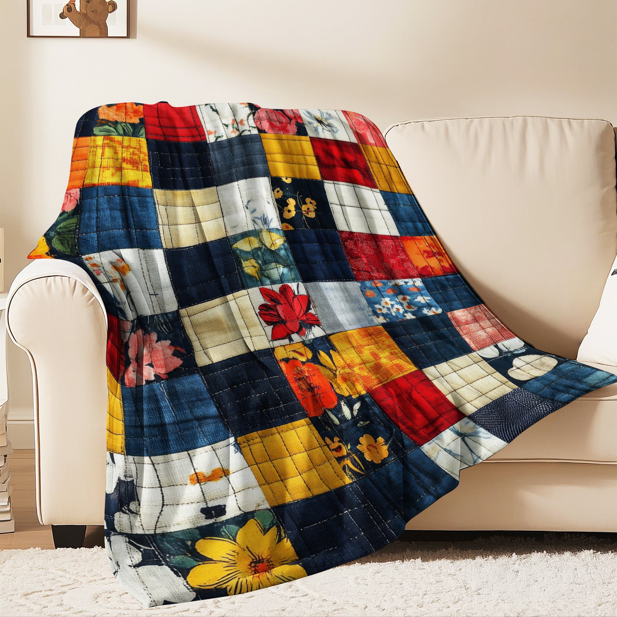 Flannel Fleece Twin Blanket, Soft Large Twin Blanket, Lightweight Cozy Plush Twin Blanket Fit Sofa Bed, 60"x80", Patchwork Floral Pattern