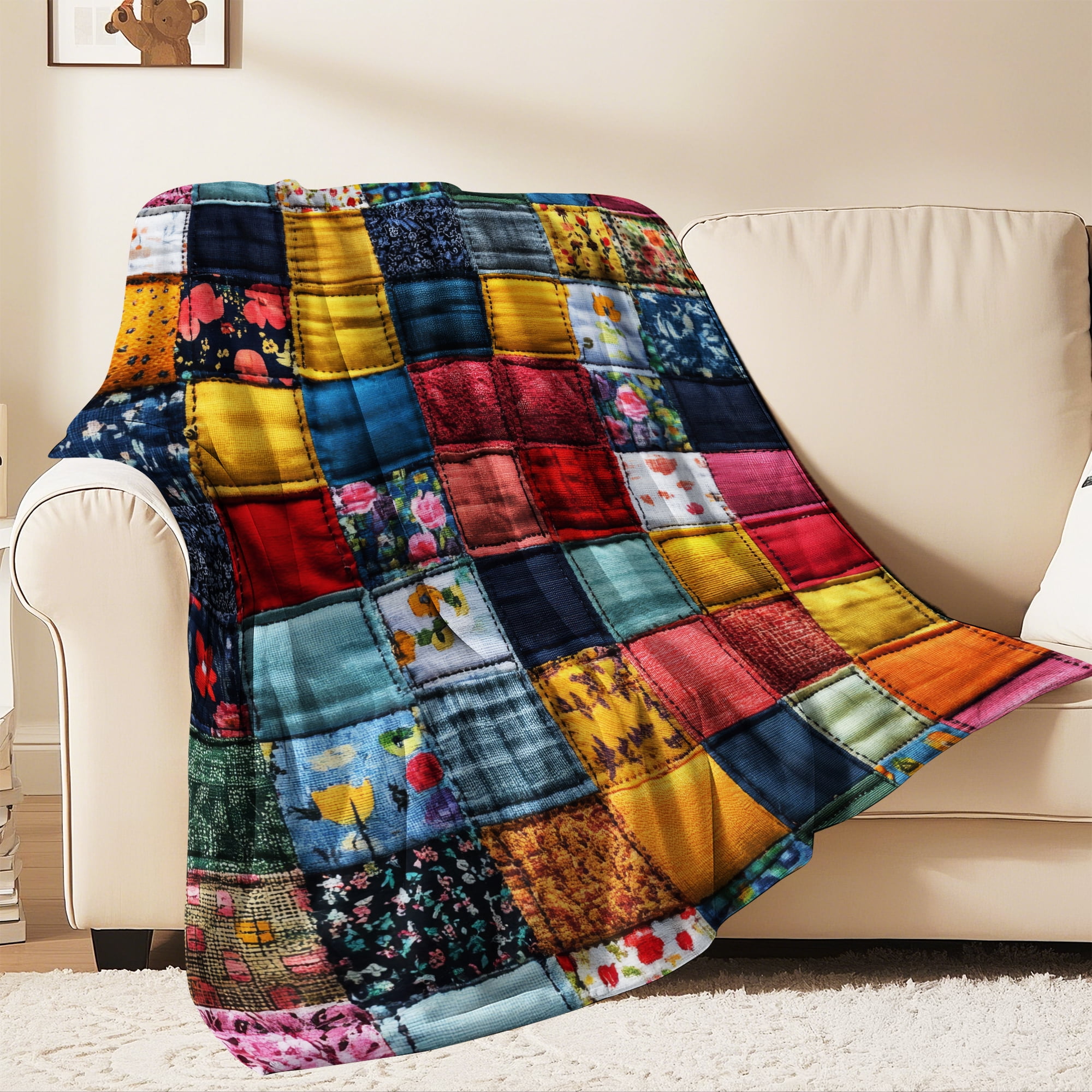 Flannel Fleece Twin Blanket, Soft Large Twin Blanket, Lightweight Cozy Plush Twin Blanket Fit Sofa Bed, 60"x80", Patchwork Floral Pattern