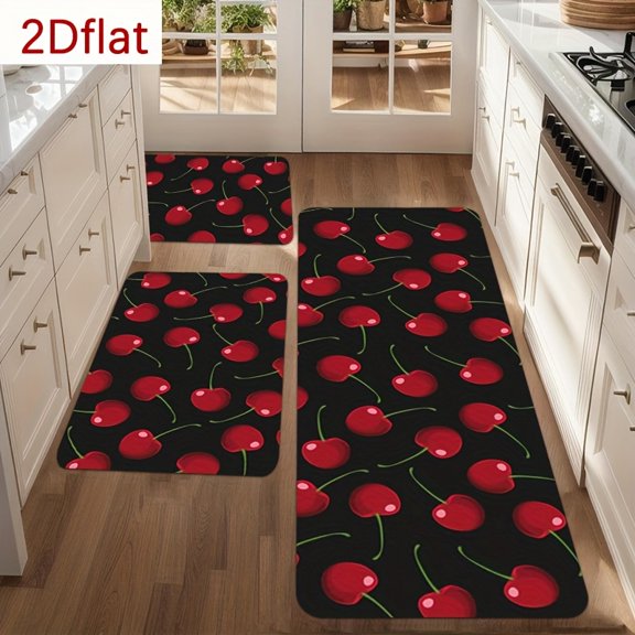 Flannel Floor Mat Set 2-3pcs, Cherry Pattern Kitchen Carpet for Living Room, Porch, Balcony, Hallway, Laundry & Entrance Door Decor