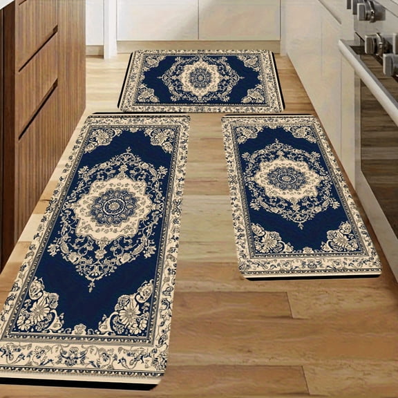 Flannel Floor Mat Set 3-Piece, Non-Slip Kitchen Carpet 18x48 Inch, Machine Washable Persian Style Blue and White Design for Sink Hallway