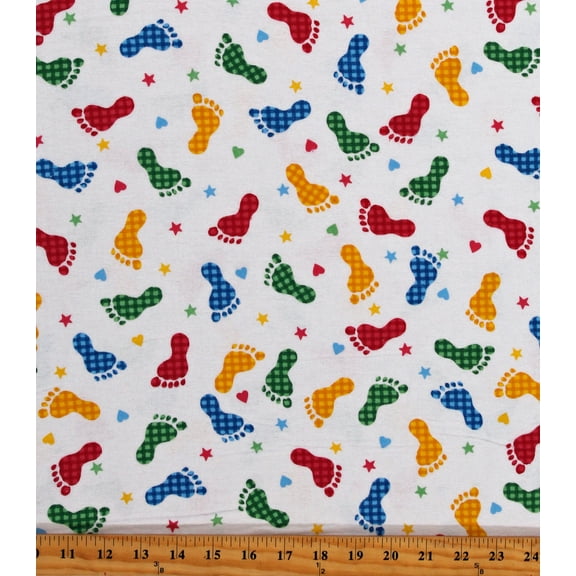 Flannel Footprints Multi-Color Feet Stars Hearts Kids Babies Baby Cotton Flannel Fabric Print by the Yard (9307-78)