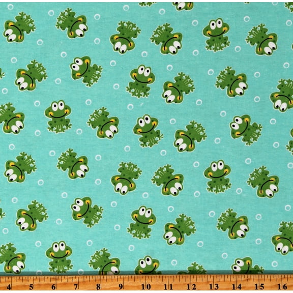 Flannel Frogs Animals Cute Froggies on Aqua Kids Children's Cotton Flannel Fabric Print by the Yard (1020-11)