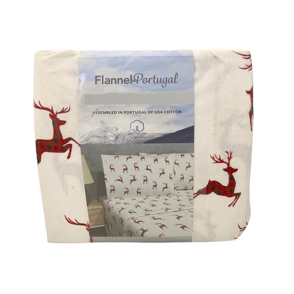 Flannel From Portugal Red Reindeer Flannel Sheet Set 4 Piece King 100% Cotton