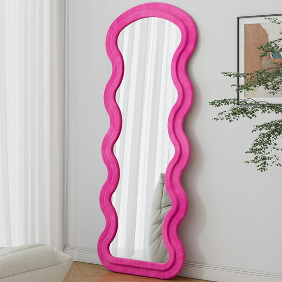 Flannel Full Length Floor Mirror with Stand,Irregular Wavy Mirror with Wooden Frame Pad,Mutiple Use Mirror for Home Decoration,Bedroom Living Room Hanging or Against The Wall,Rose