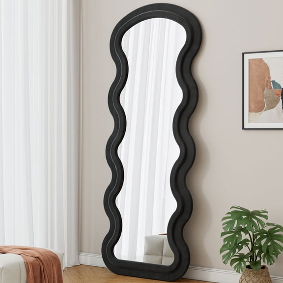 Flannel Full-Length Wavy Floor Mirror for Bedroom & Living Room Black, Soft Fabric Frame, Standing or Wall-Mount, Modern Decorative Full-Body Mirror
