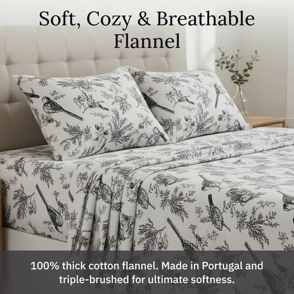 Flannel Full Sheet Set - Made in Portugal Cotton, Thick, Velvet Soft 4-Piece Bed Sheets Set, Triple-Brushed with Extra Deep Pockets - Winter Birds