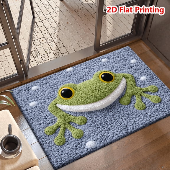 Flannel Fun Door Mat|Green Frog Smiley Face Pattern Printed Mat, Suitable for Various Settings Like Bedrooms, Kitchens, Dining Rooms, And Bathrooms. It Is Non-Slip, Machine Washable