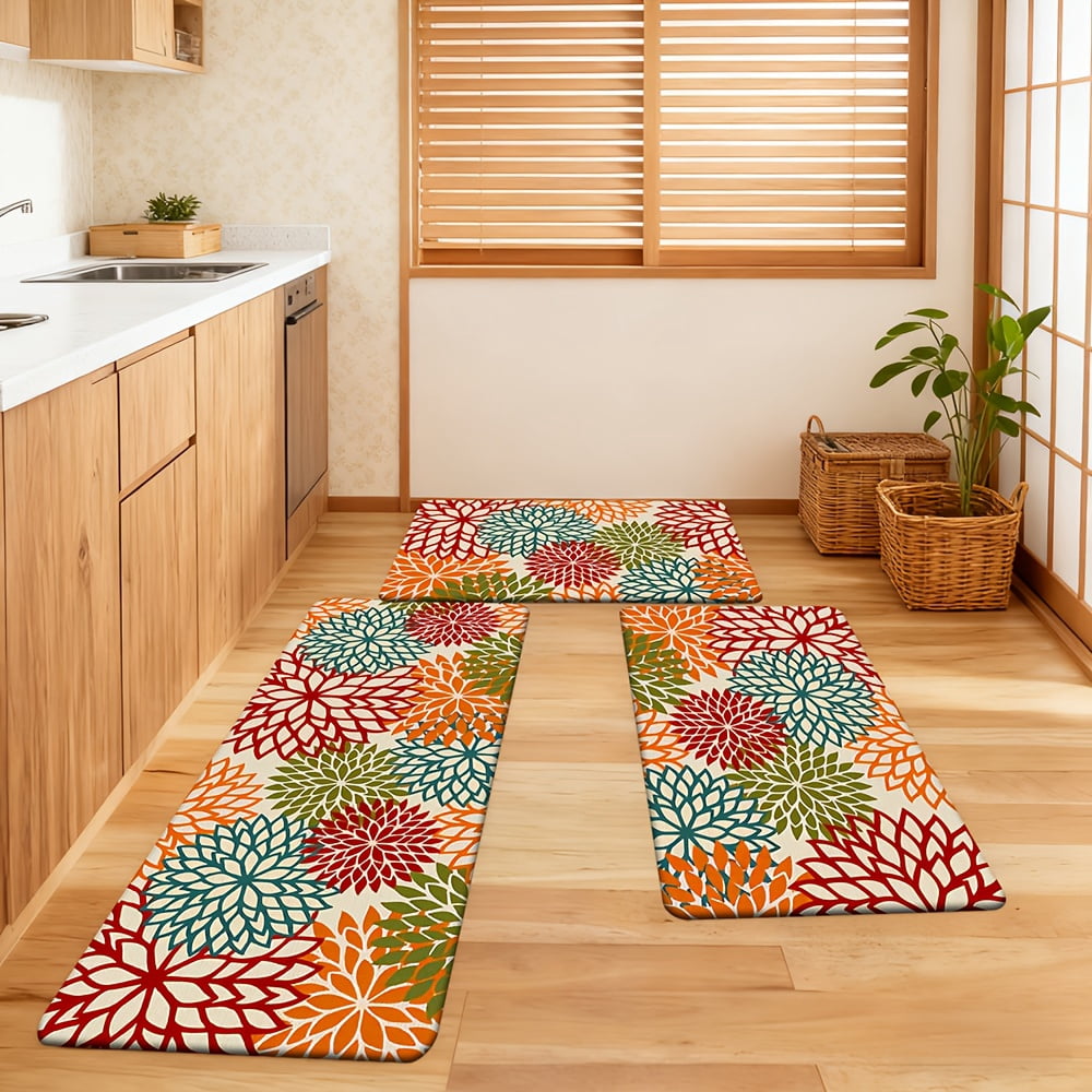 Flannel Geometric Floral Kitchen Rug Set, 0.4