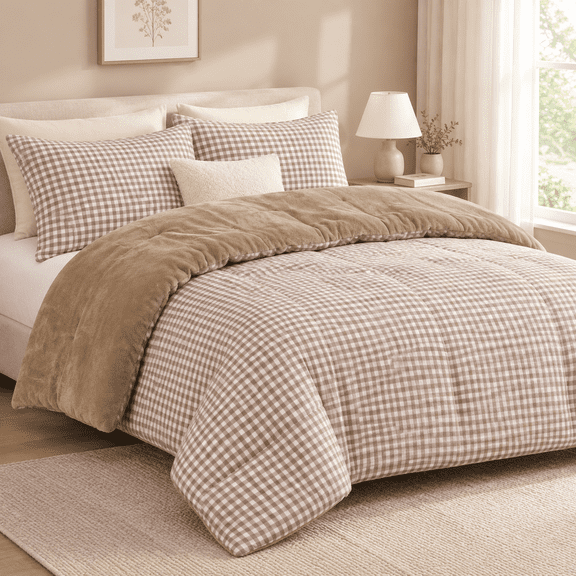 Flannel Ginghamforter Set King 3 Tan Bedding