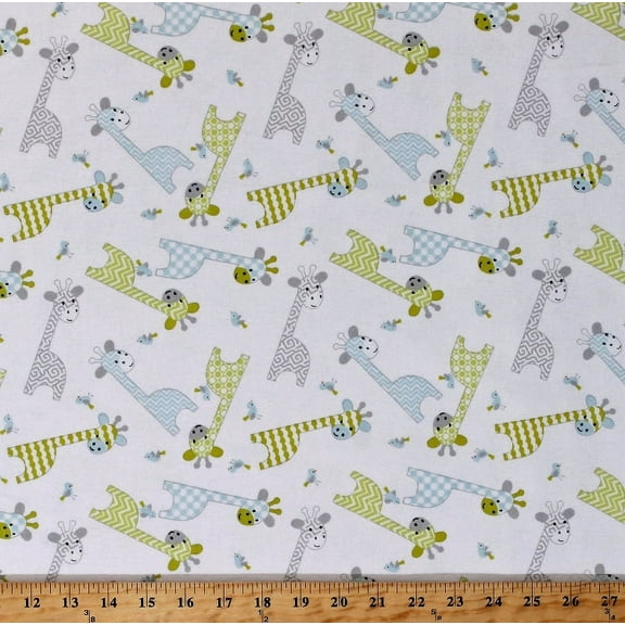 Flannel Giraffes Baby Jungle Animals Birds Green Blue Gray on White 44" Wide Cotton Flannel Fabric Print by the Yard (9307-WHITE)