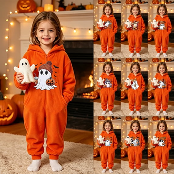 Flannel Halloween Costumes for Girls & Boys, 2026 Relaxed Cuffs Jumpsuit Hooded Ghost Zip-front Onesie Dark Gray 110