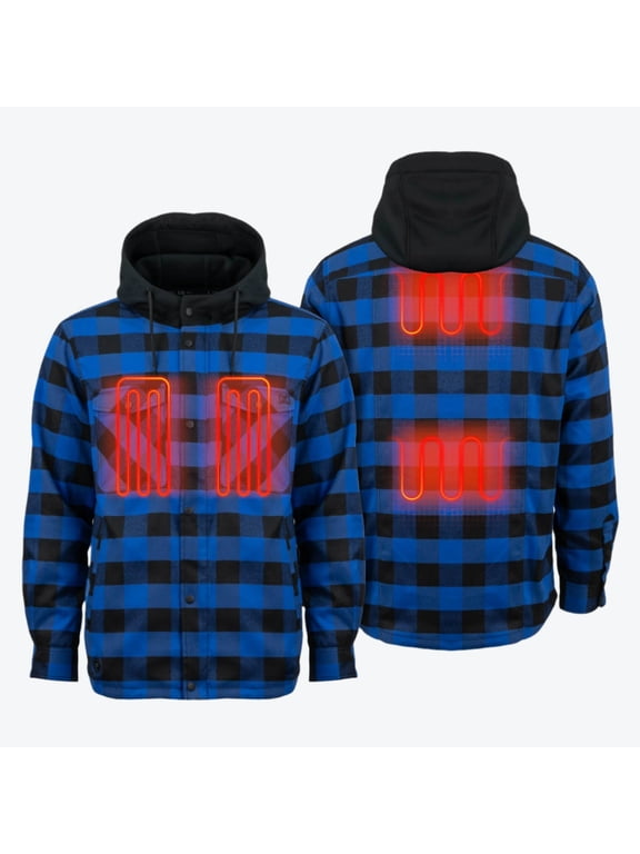 Flannel Heated Hoodie Jacket, 4 Heat Zones, Brushed Plaid Shell, Polyester Fleece Lining, YKK Zip Hand Pockets