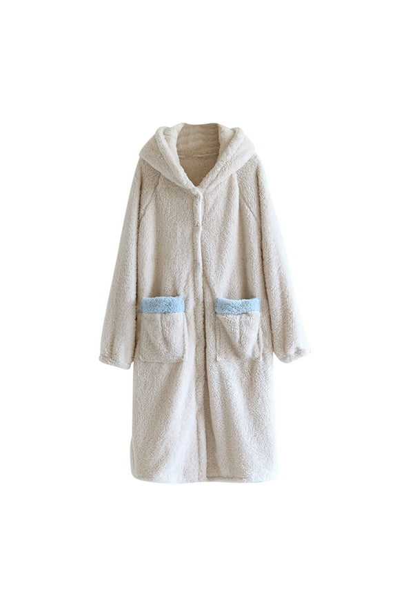 Flannel Hooded Bathrobes for Women, Soft Button Down Long Sleeve Fleece Warm Towel Robes Ladies Cute Bath Robe