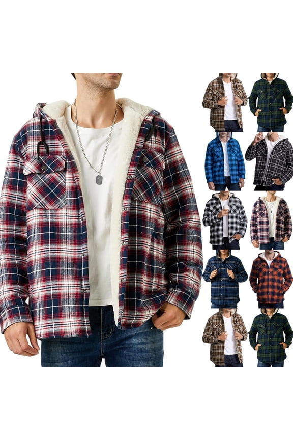 Flannel Hooded Jacket for Men Big and Tall Plaid Sherpa Thermal Lined Shirt Jacket Gray M