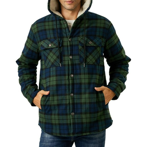 Flannel Hooded Jacket for Men Big and Tall Plaid Sherpa Thermal Lined Shirt Jacket Green XL