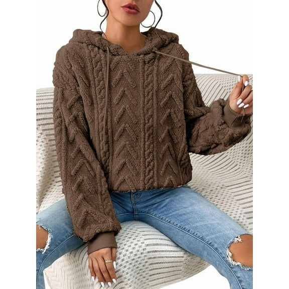 - Flannel Hooded Loose Pullover Sweater Winter Long Sleeve Warm Top Khaki L