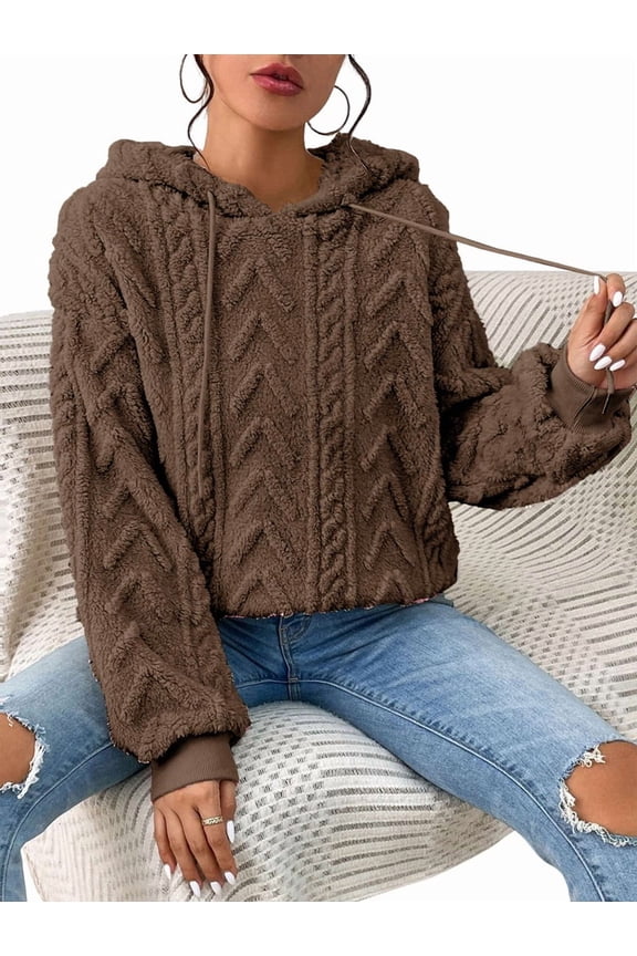 - Flannel Hooded Loose Pullover Sweater Winter Long Sleeve Warm Top Khaki XL