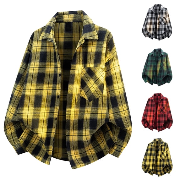 Flannel Hoodie Dqueduo Men's Casual Long Sleeve Checkered Shirt Loose Brushed Shirt Jacket, Sizes M-5XL Yellow XXXL