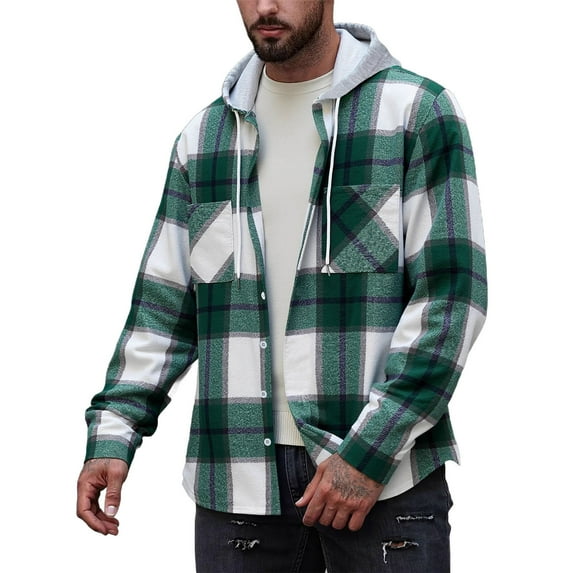 Flannel Hoodie Plaid Shirts for Men Button Up Pockets Casual Colorblock Hooded Long Sleeve Shacket Jackets Fall (L, Green)