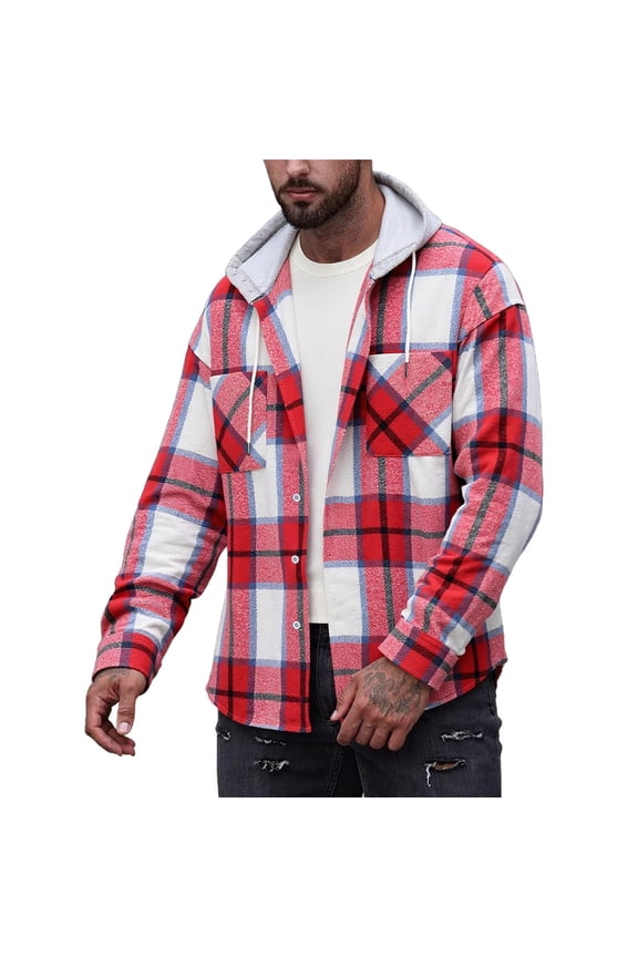 Flannel Hoodie Plaid Shirts for Men Button Up Pockets Casual Colorblock Hooded Long Sleeve Shacket Jackets Fall (L, Red)