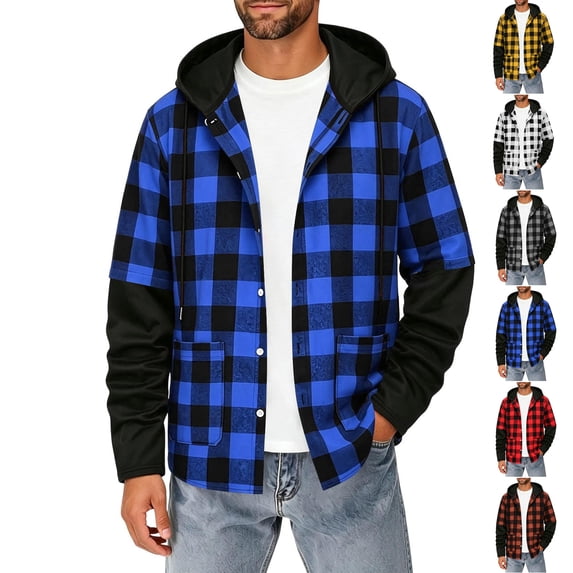 Flannel Hoodie for Men Dqueduo Men's Flannel Plaid Long Sleeve Button Down Turn-Down Collar Brushed Lightweight Checkered Shirt Jacket Blue M