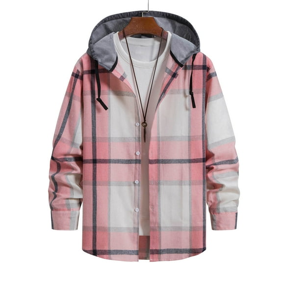 Flannel Hoodies for Men Casual Button Down Plaid Long Sleeve Lightweight Shirts Jackets,Men's Hooded Shirt Jacket for Men Big and Tall Loose Fit Spring Outwear