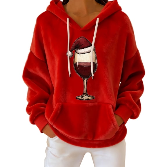 Flannel Hoodies Womens Christmas Outfits Funny Santa Claus Sweatshirt Soft Velvet Hooded Pullover Sweater Tops (2XL, Red 04)