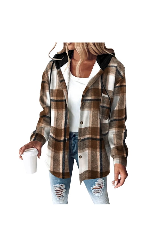 Flannel Hoodies for Women Soft Fleece Lined Hooded Plaid Jackets Button-up Winter Warm Long Sleeve Sweatshirt Coats with Chest Pockets
