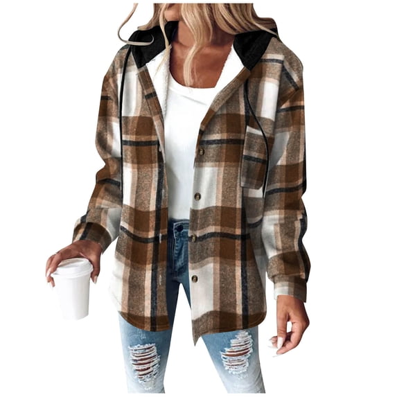 Flannel Hoodies for Women Soft Fleece Lined Hooded Plaid Jackets Button-up Winter Warm Long Sleeve Sweatshirt Coats with Chest Pockets
