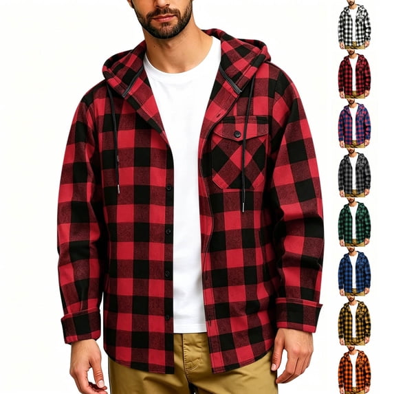 Flannel Jacket Dqueduo Men's Patchwork Plaid Hooded Button Long Sleeve Casual Shirt Jacket Wine M
