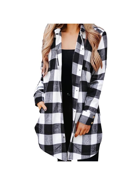 Flannel Jacket Women Plaid Button Up Long Sleeve Lightweight Thin Vintage Base Layer Coat