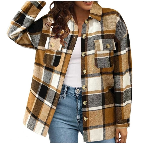Flannel Jacket Women Plaid Oversized Pockets Long Sleeve Color Blocked Womens Tee,Coffee,2XL