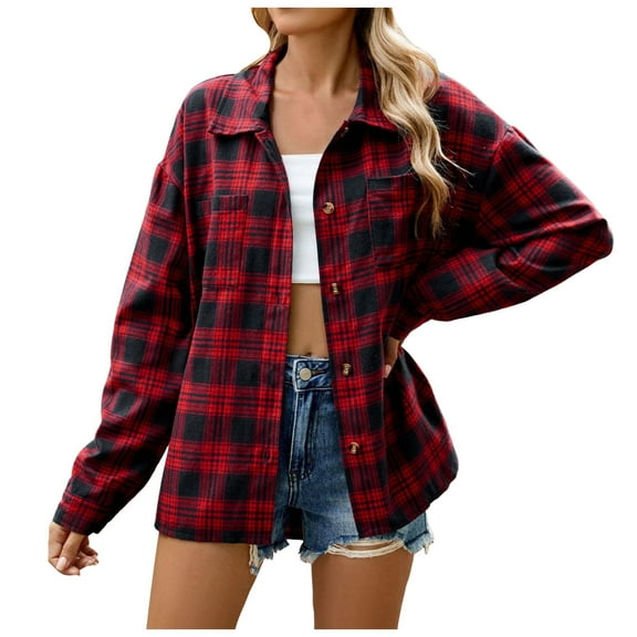 Flannel Jacket Women Shacket Long Sleeve Button Down Womens Shirts Tank,Red,XL