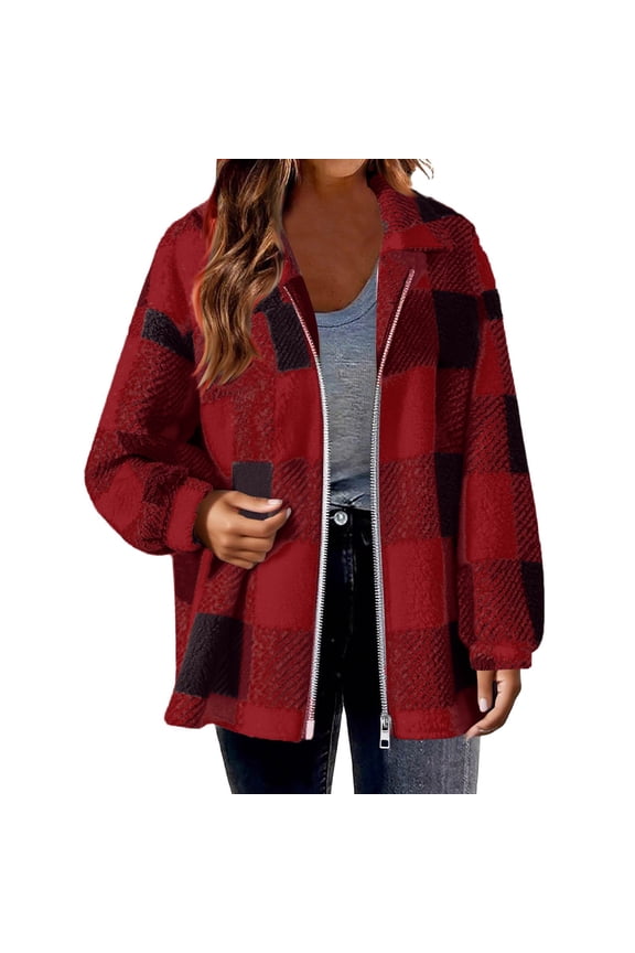 Flannel Jacket for Women Fleece Lined Full Zip Buffalo Plaid Shacket Long Sleeve Hooded Jackets Trendy Fall Winter Coat