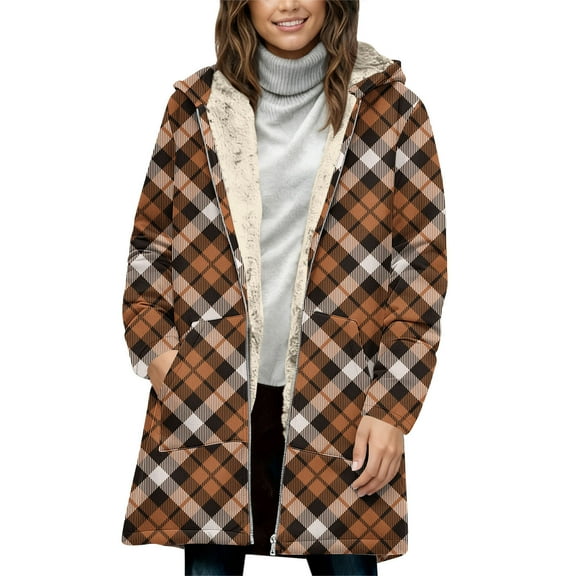 Flannel Jacket for Women Stylish Trendy Fleece Lined Plaid Shackets Long Sleeve Mid Long Winter Warm Sherpa Jackets Outerwear (M, Brown)