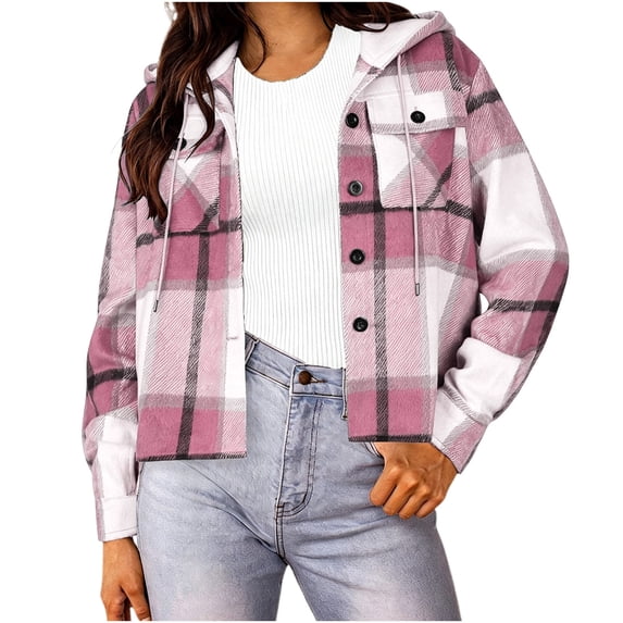 Flannel Jacket for Women Trendy Fleece Lined Button Down Plaid Shacket Long Sleeve Hooded Jackets Fall Winter Pocket Coat