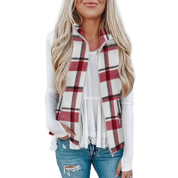 Flannel Jackets Women - Fleece Vests Women Lightweight Plaid Vests Fall Winter Lapel Collar Sleeveless Flannel Zip-up Jackets with Pockets