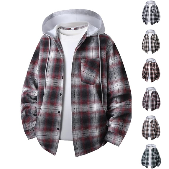 Flannel Jackets for Men Dqueduo Men's Checkered Flannel Hooded Drawstring Long Sleeve Button Front Chest Pocket Casual Shirt Jacket, Unisex Red M