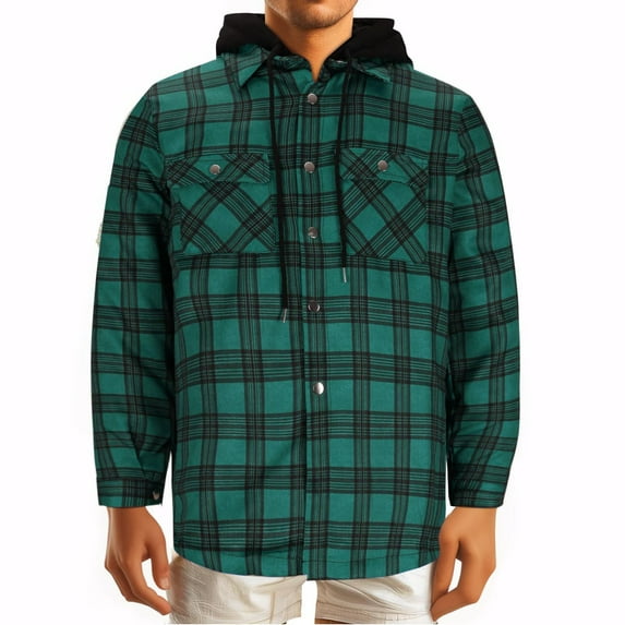 Flannel Jackets for Men Long Sleeve Plaid Shirt Jacket Quilt Lined Hooded with Button Down Winter Coat