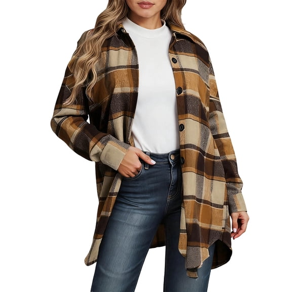 Flannel Jackets for Women Button Down Long Length Shacket Jacket Long Sleeve Loose Fit Casual Fall Winter Warm Womens Plaid Tops