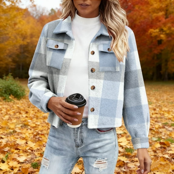 Flannel Jackets for Women Cropped Plaid Shacket Jacket Fashion Plaid Button Shirt Fall Coat Tops Lady Vintage Graphic Zip up Hoodie Light Blue XL