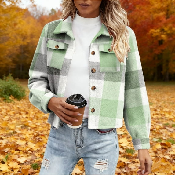 Flannel Jackets for Women Cropped Plaid Shacket Jacket Fashion Plaid Button Shirt Fall Coat Tops Long Winter Jackets for Lady Short Green M