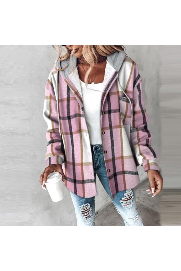 Flannel Jackets for Women Plaid Print Casual Hooded Jacket with Pockets Button Down Winter Coats for Women S-2XL